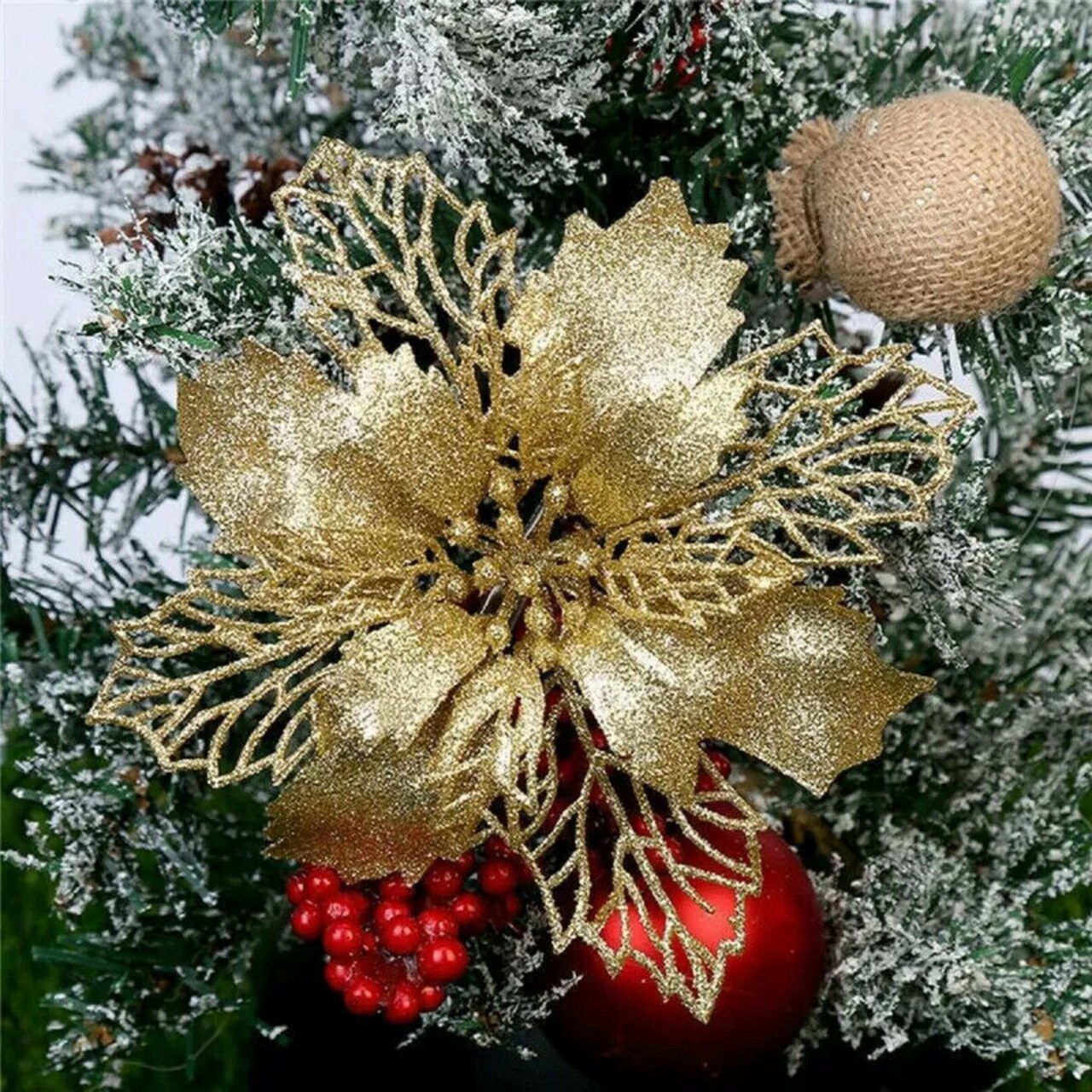 10Pcs Glitter Christmas Poinsettia Hanging Flowers Xmas Tree Decor
